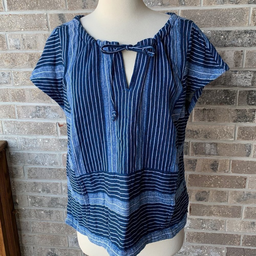 LOU & GREY Blue Striped Top Tie Neck Short Sleeve